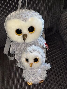 Ty Gray and White Owl Plush Backpack with Mini Owl Duo